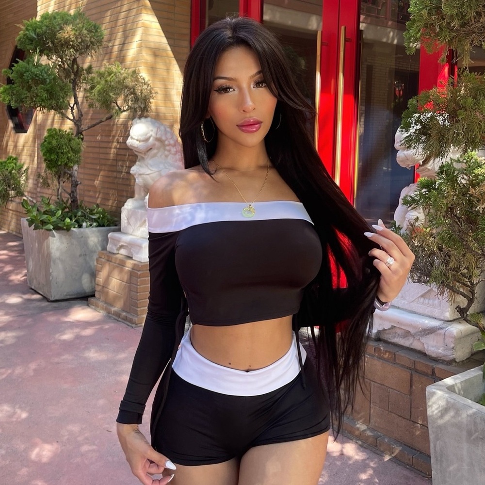 Black and White Off-Shoulder Crop Top and Shorts Set